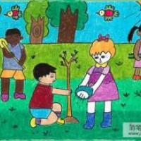 庆祝劳动节儿童画-一起来植树吧