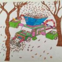 小学生优秀科幻画《吸树叶造纸车》欣赏