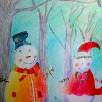 儿童蜡笔画作品欣赏-两个雪人