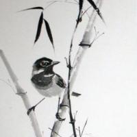 竹林间的小鸟水墨写意画作品赏析