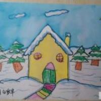 冬天为主题的儿童画-雪中的房子