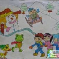 冬天景色图片儿童画-雪中玩耍