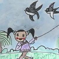 儿童画春天放风筝的图画