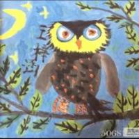 月色中的猫头鹰儿童趣味动物国画