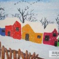 儿童油棒画作品 美丽的雪中七彩屋