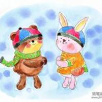 儿童画小熊和小兔拜年