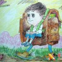 儿童画背书包的小男孩，儿童科幻画会行走的书包