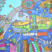 三等奖小学生获奖科幻画《太空能量站》作品