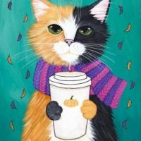 喝着奶茶的猫咪水彩画 秋天水彩画图片欣赏