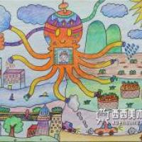 三等奖小学生获奖科幻画《多功能八爪鱼》欣赏