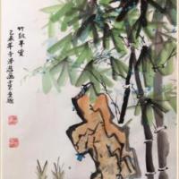 绿竹奇石图水墨写意画