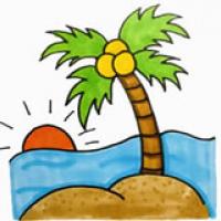 海边风景简笔画彩色画法 椰子树 太阳 大海 沙滩