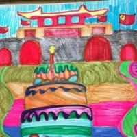 献给祖国妈妈的蛋糕水彩画 国庆节67周年儿童画作品