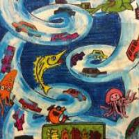 二年级小学生科幻画《海底停车场》