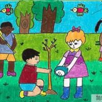 庆祝劳动节儿童画-一起来植树吧