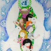 战争和平主题儿童画-在和平鸽的怀抱里