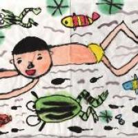 儿童画作品欣赏-《夏天和青蛙学游泳》