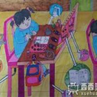 三等奖小学生获奖科幻画《全自动智能桌椅》赏析