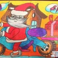 小朋友圣诞节儿童画水彩画图片：骑摩托的圣诞老人