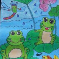 青蛙和荷花儿童水彩画