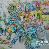 三等奖小学生环保科幻画《生态智能清洁车》