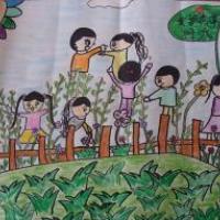 植树节儿童画-班级同学一起来植树
