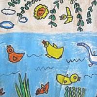 鸭子戏水春天的景象儿童画