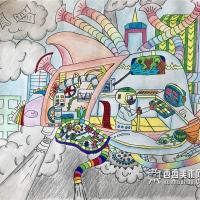 三等奖小学生环保科幻画《空气转换机》