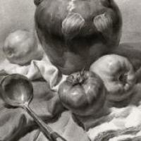 素描深色瓷壶、西红柿、不锈钢勺、水果的组合画法图片