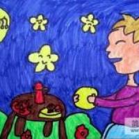 中秋节主题儿童画-吃月饼看月亮