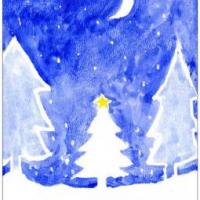 冬天的景色儿童画图片-雪夜下的森林