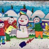冬天为主题的儿童画-兴奋堆雪人