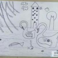 儿童春天风景铅笔画：湖里的天鹅