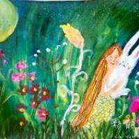 和白兔一起赏月,有关于中秋节的儿童画作品