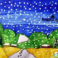 冬天的图画儿童画-小屋旁边的雪人