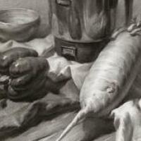 静物素描图片:不锈钢水壶、青椒、白萝卜、碗、白衬布的画法高清临摹素材