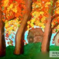 关于秋天的儿童画-秋天的树林深处