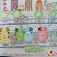 关于垃圾分类的儿童科幻画作品《多功能垃圾桶》