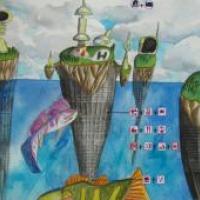 一等奖儿童科幻画《漂移的绿岛——未来海上家园》