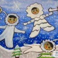 创意的冬天儿童画图片：雪花里翱翔