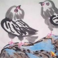 儿童中国画石头上的小鸟