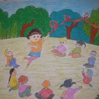 草地上的聚会儿童画6.1儿童节图片分享