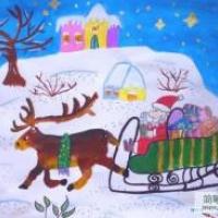 优秀的儿童圣诞节水彩画作品：麋鹿车上的圣诞老人