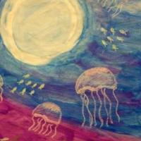 月光下的水母海底世界画画图片大全