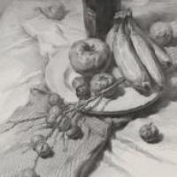 优秀素描范画:白酒瓶、苹果、白瓷盘、果子、香蕉的组合画法