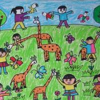 六一儿童画大全-和长颈鹿共度六一