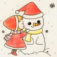 圣诞节小女孩堆雪人简笔画图片素材