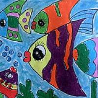 一群多彩的热带鱼儿童画