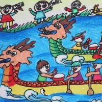 激烈的划龙舟比赛端午节儿童画优秀作品分享