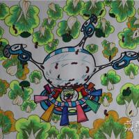 三等奖儿童获奖科幻画作品《捉害虫的机器人》